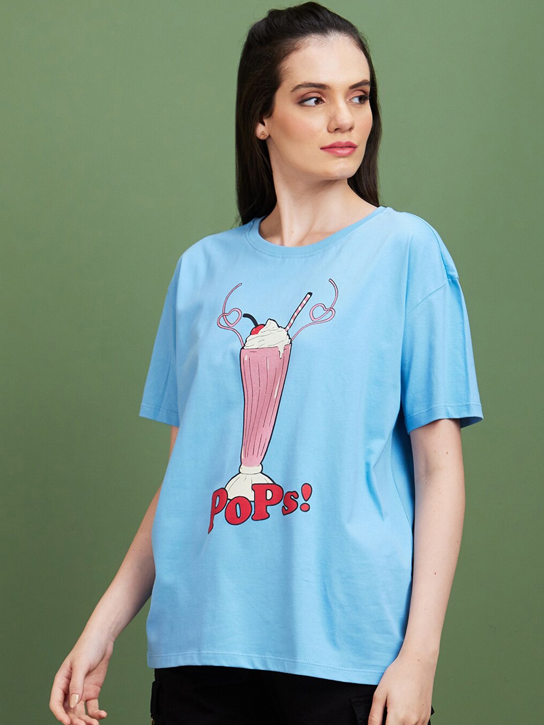 

Globus Blue Humour and Comic Printed Round Neck Drop-Shoulder Sleeves Boxy Cotton T-shirt