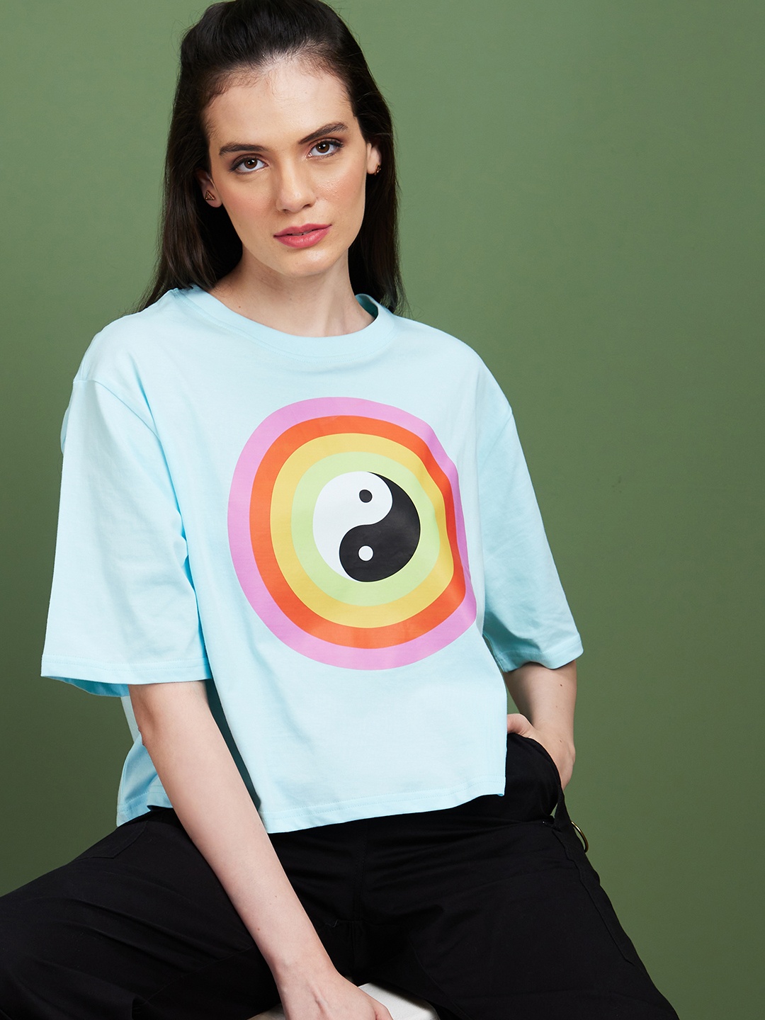 

Globus Blue Graphic Printed Round Neck Cotton Boxy Casual T-shirt