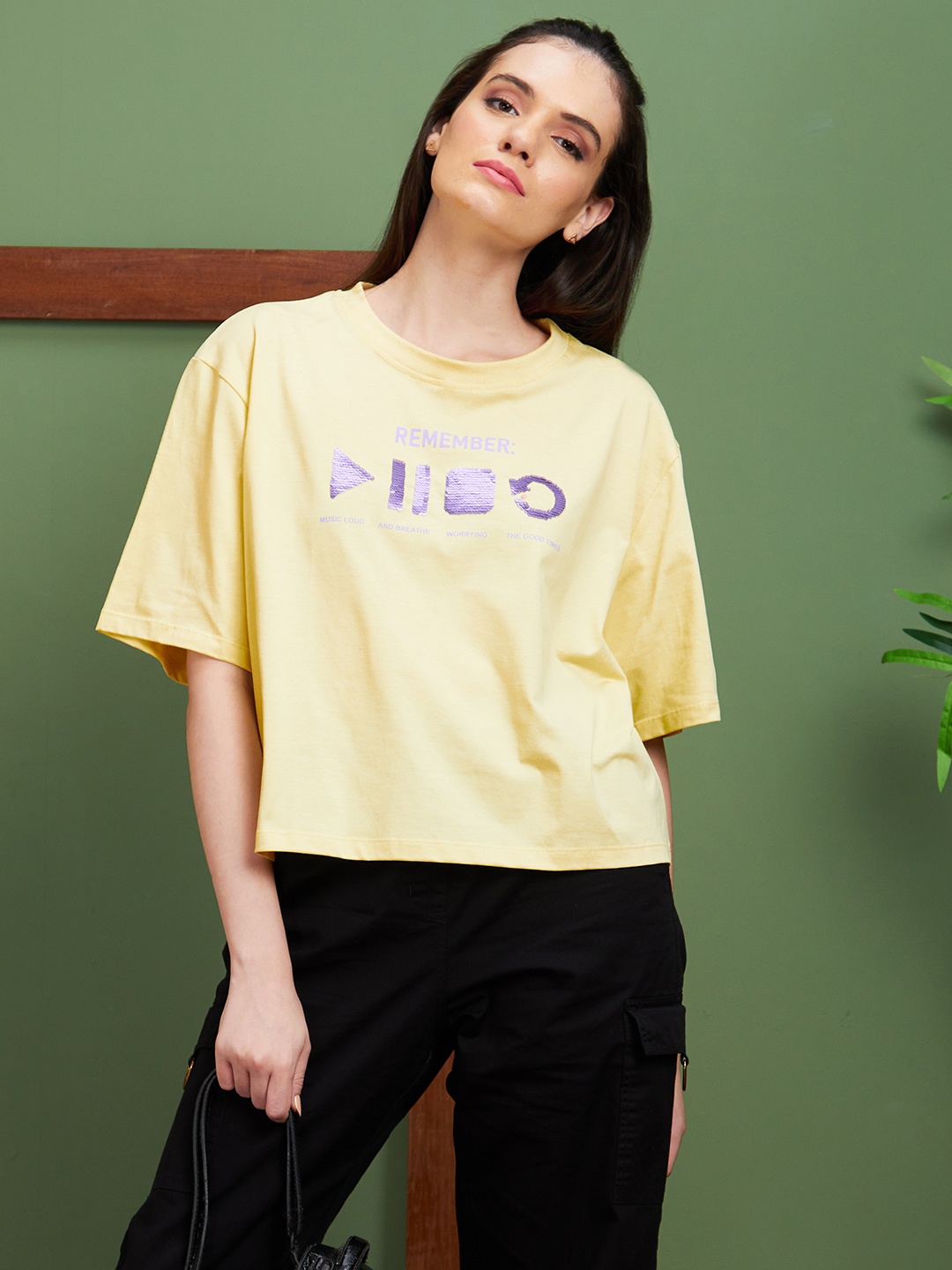 

Globus Yellow Typography Round Neck Cotton Boxy Fit Casual T-Shirt