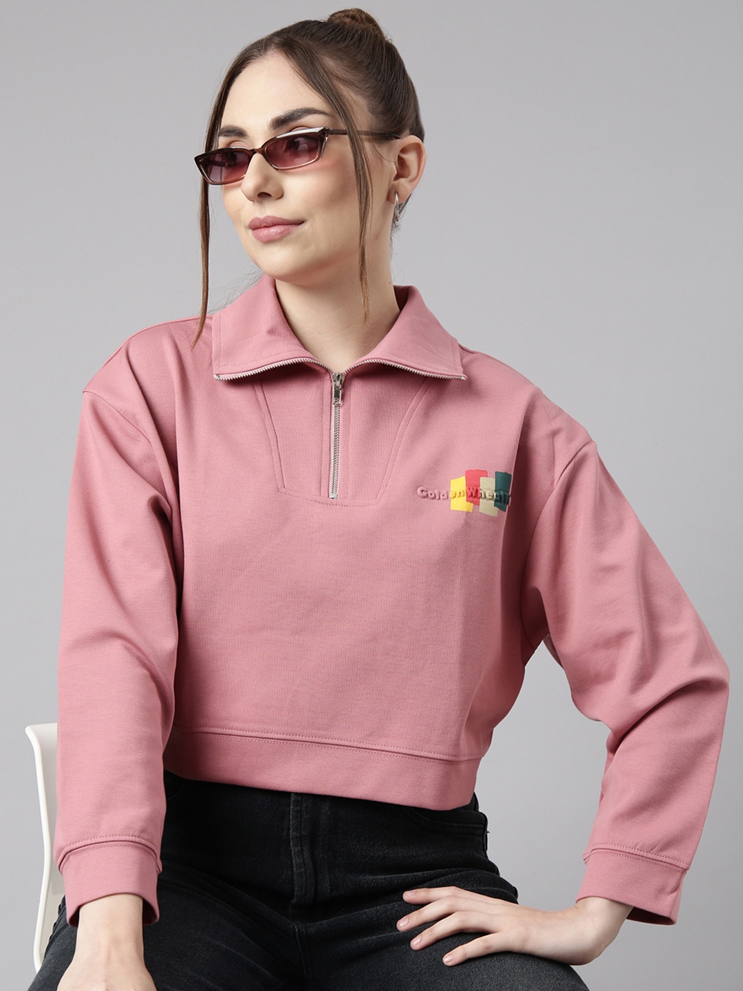 

SHOWOFF Mock Collar Long Sleeves Front Open Crop Oversized Sweatshirt, Peach