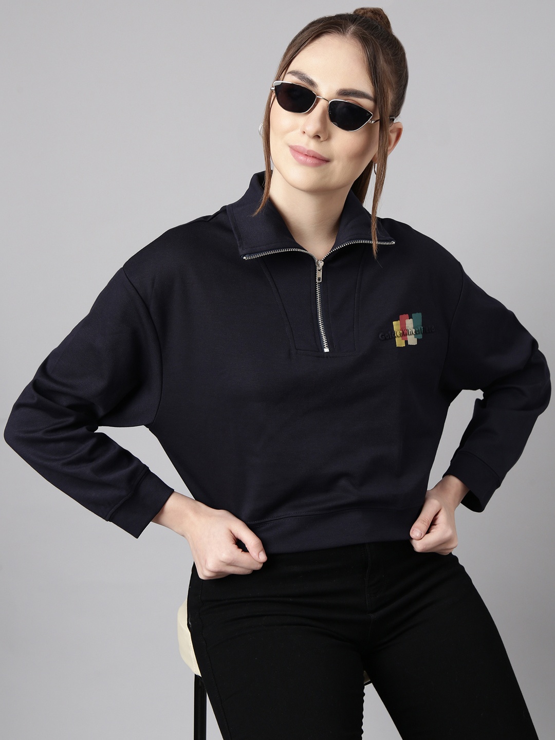 

SHOWOFF Mock Collar Cotton Crop Sweatshirt, Navy blue
