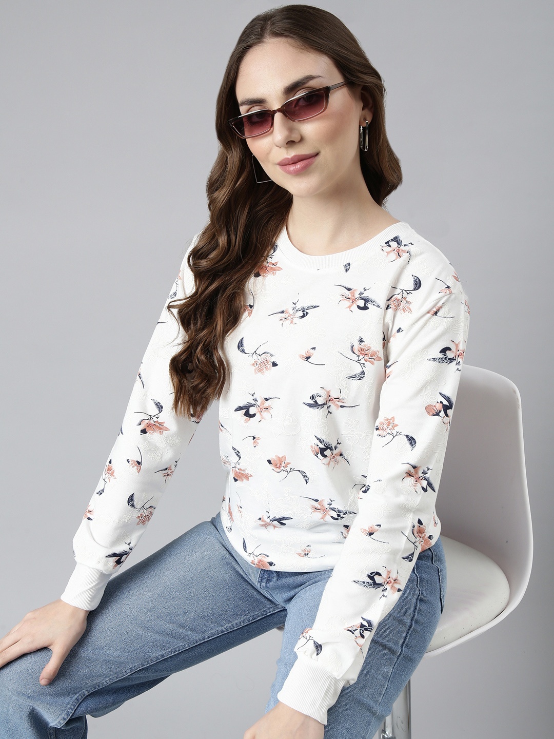 

SHOWOFF Floral Printed Round Neck Long Sleeves Pullover Sweatshirt, White