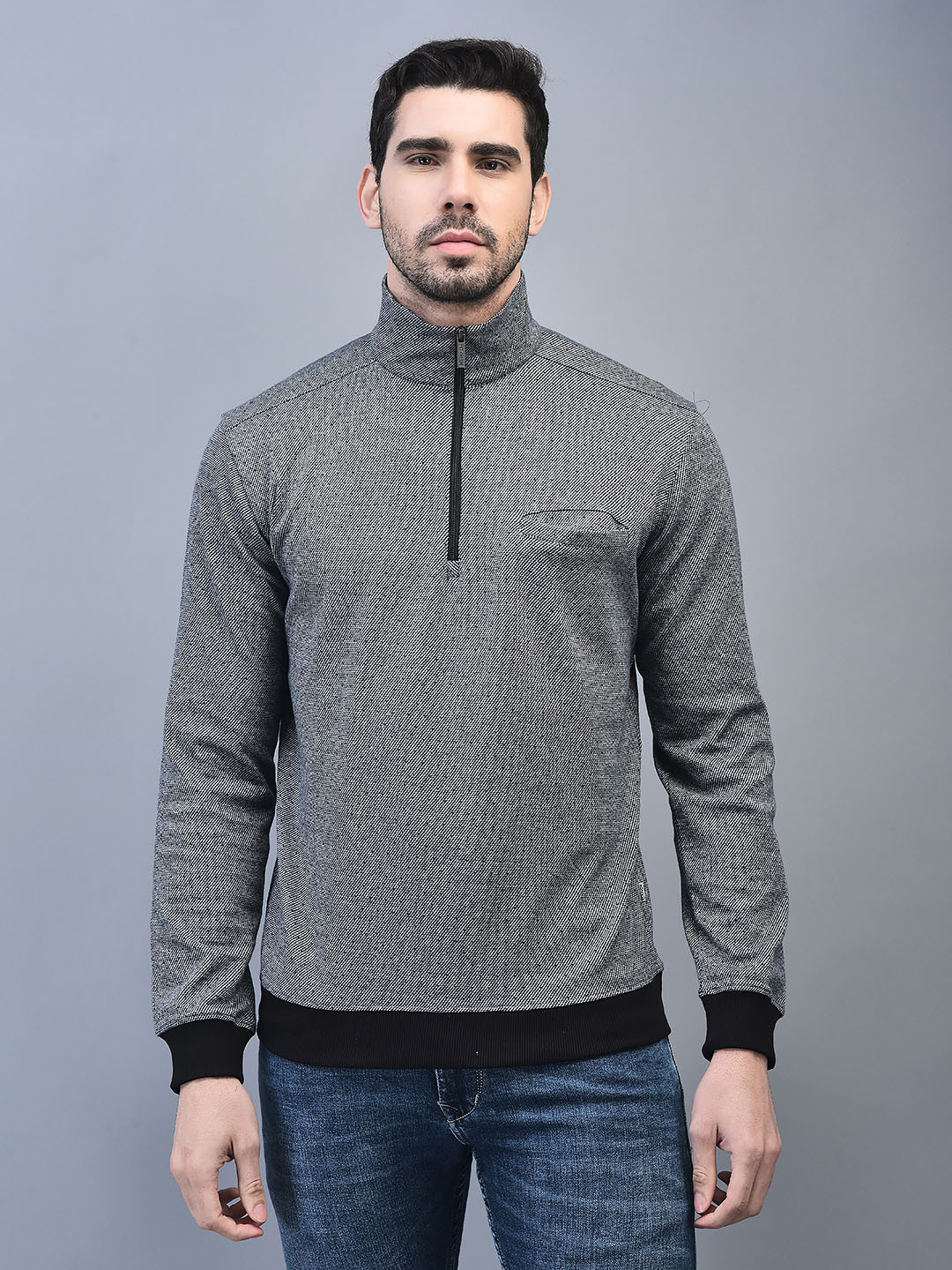 

CANOE Pullover Mock Collar Full Sleeves Ribbed Cotton Sweatshirt, Grey