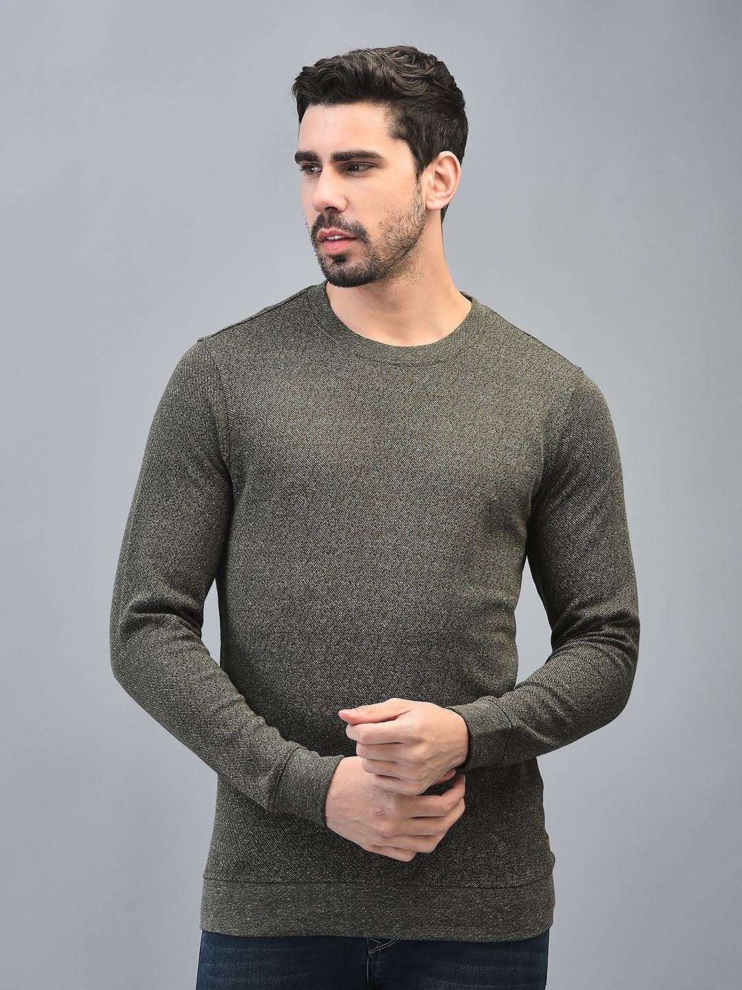 

CANOE Pullover Round Neck Full Sleeves Ribbed Cotton Sweatshirt, Olive