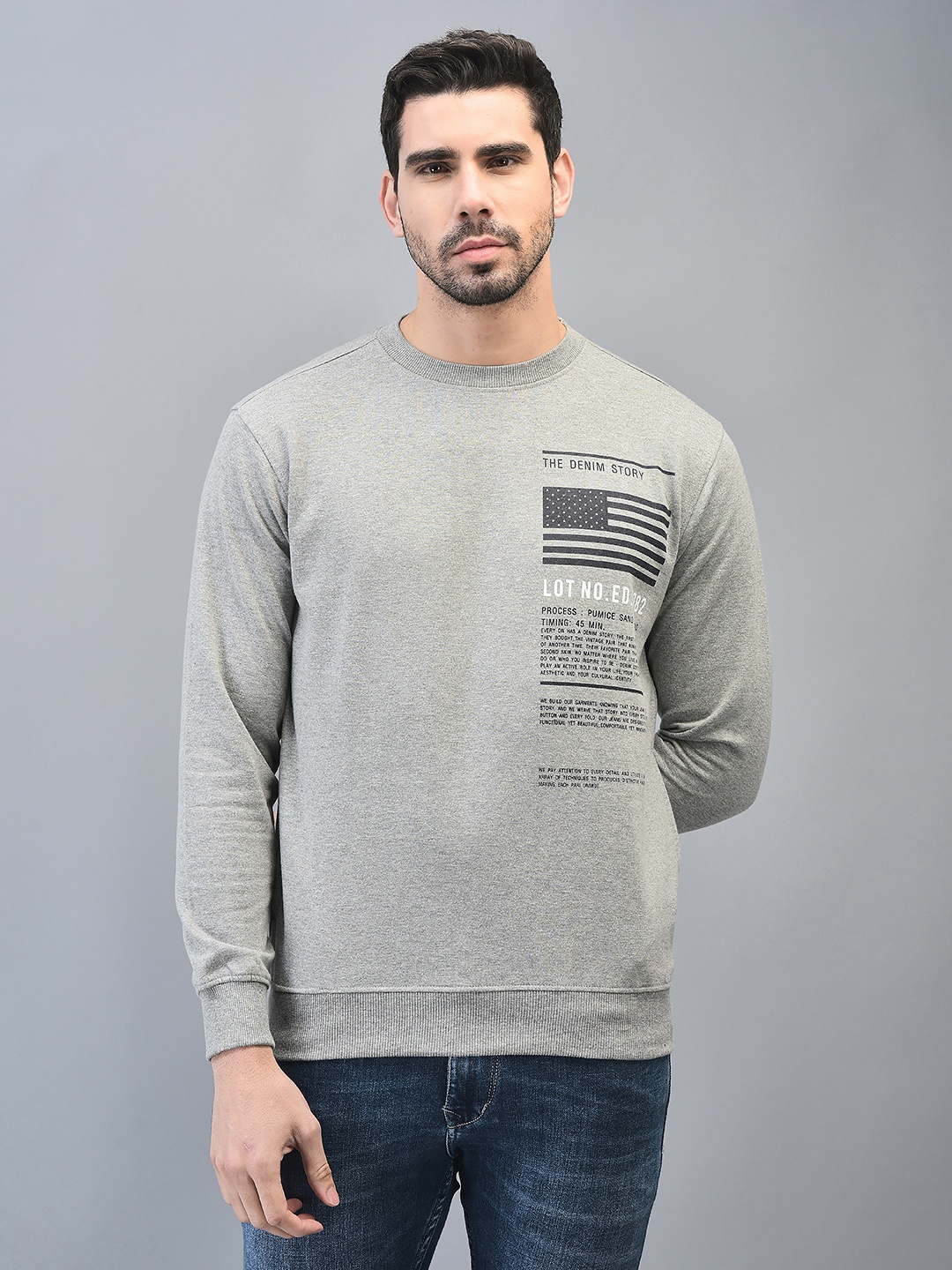 

CANOE Pullover Typography Printed Applique Round Neck Full Sleeves Ribbed Sweatshirt, Grey