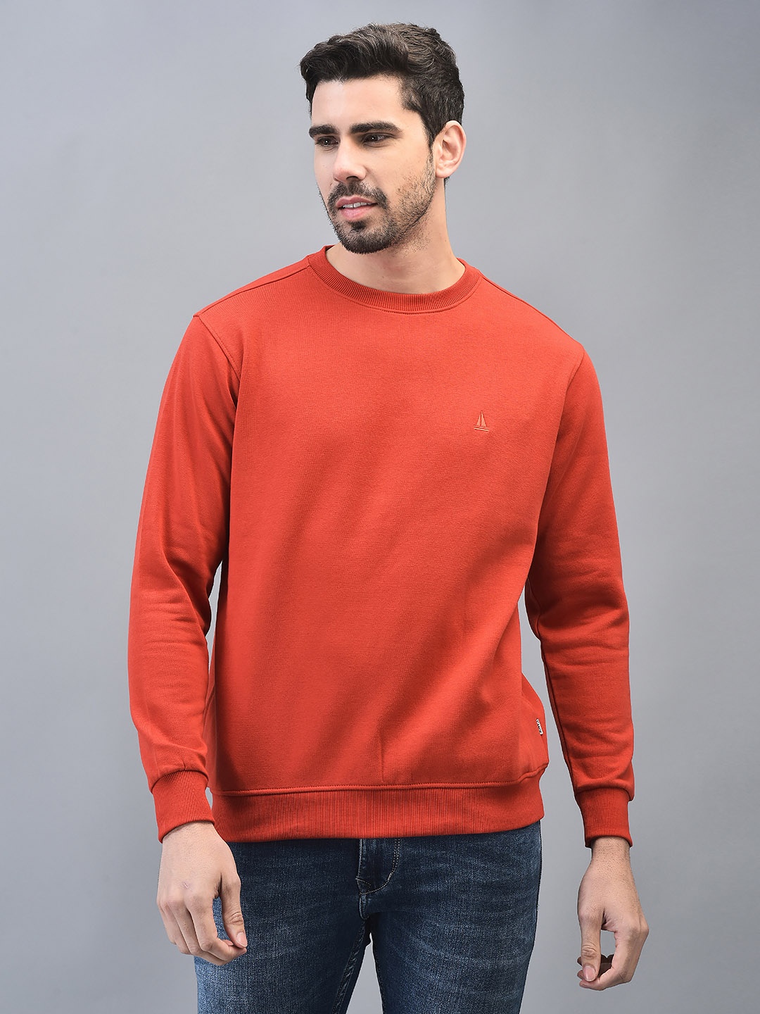 

CANOE Pullover Round Neck Long Sleeves Ribbed Cotton Sweatshirt, Orange