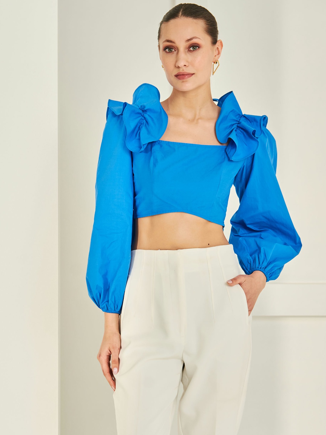 

By The Bay Cotton Square Neck Puff Sleeve Ruffles Crop Top, Blue
