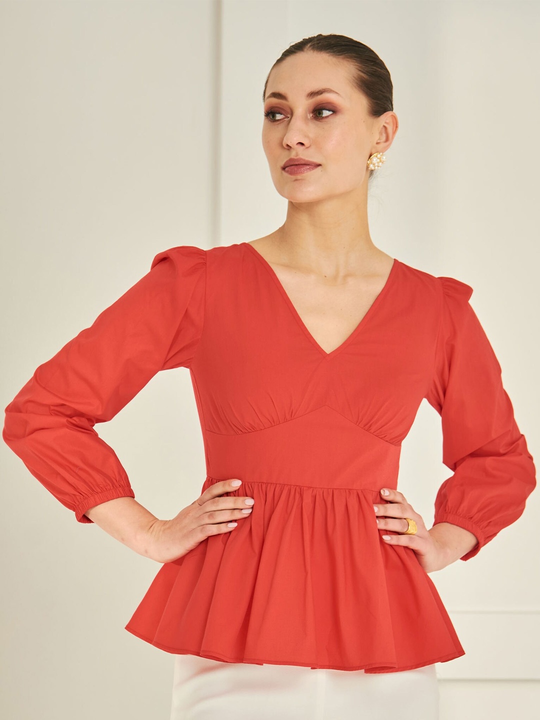 

By The Bay V Neck Cuffed Sleeves Cotton Peplum Top, Red