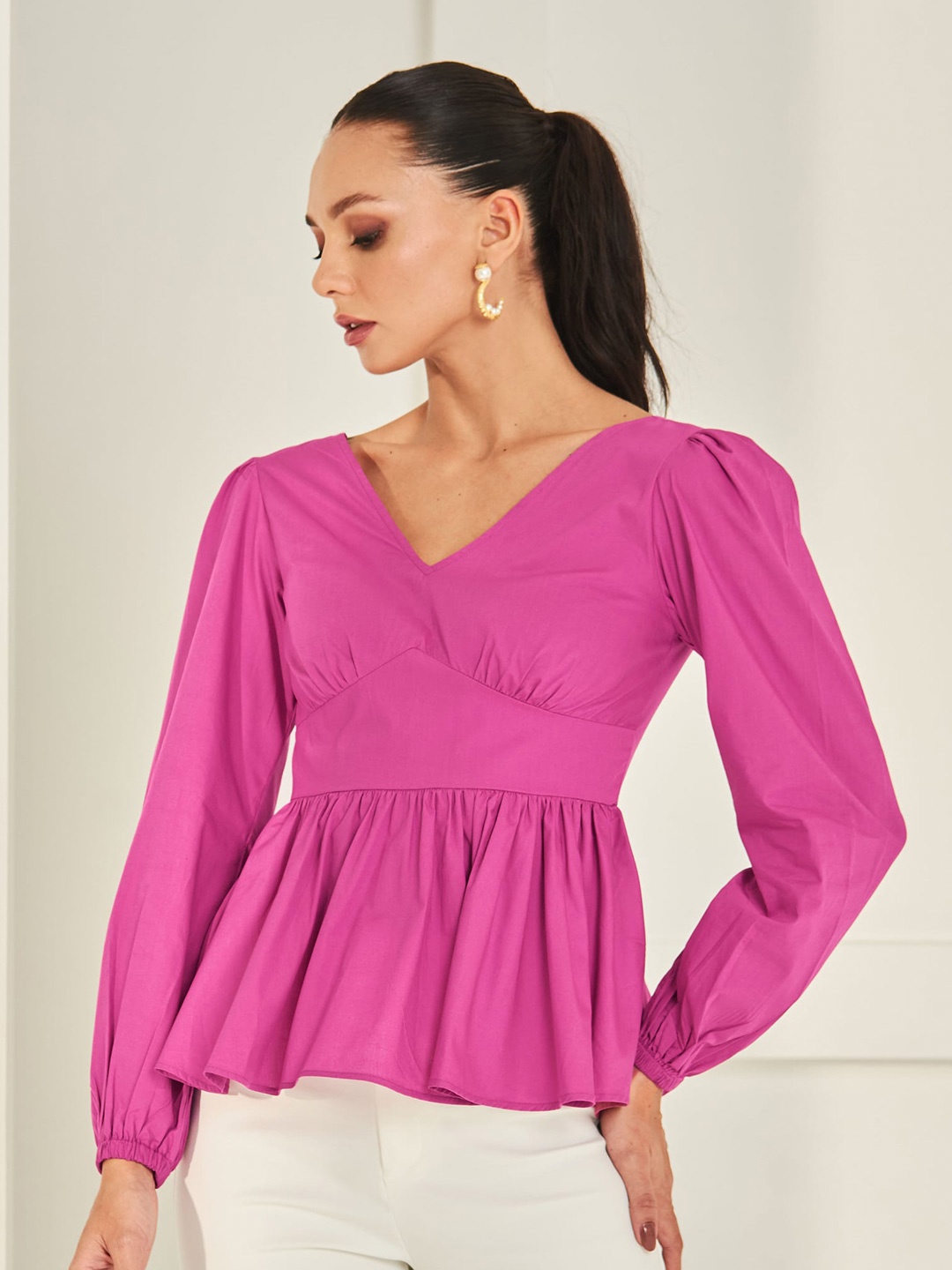 

By The Bay V Neck Cuffed Sleeves Cotton Peplum Top, Pink