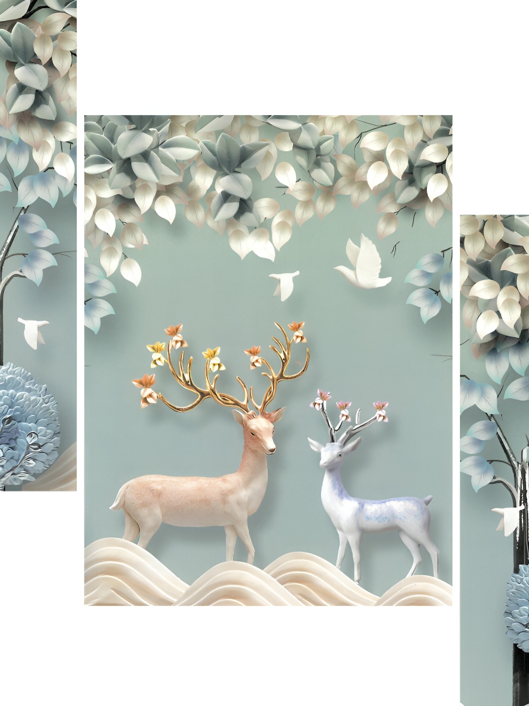 

WALLMAX Green & White 3 Pieces Floral And Botanical Wall Arts