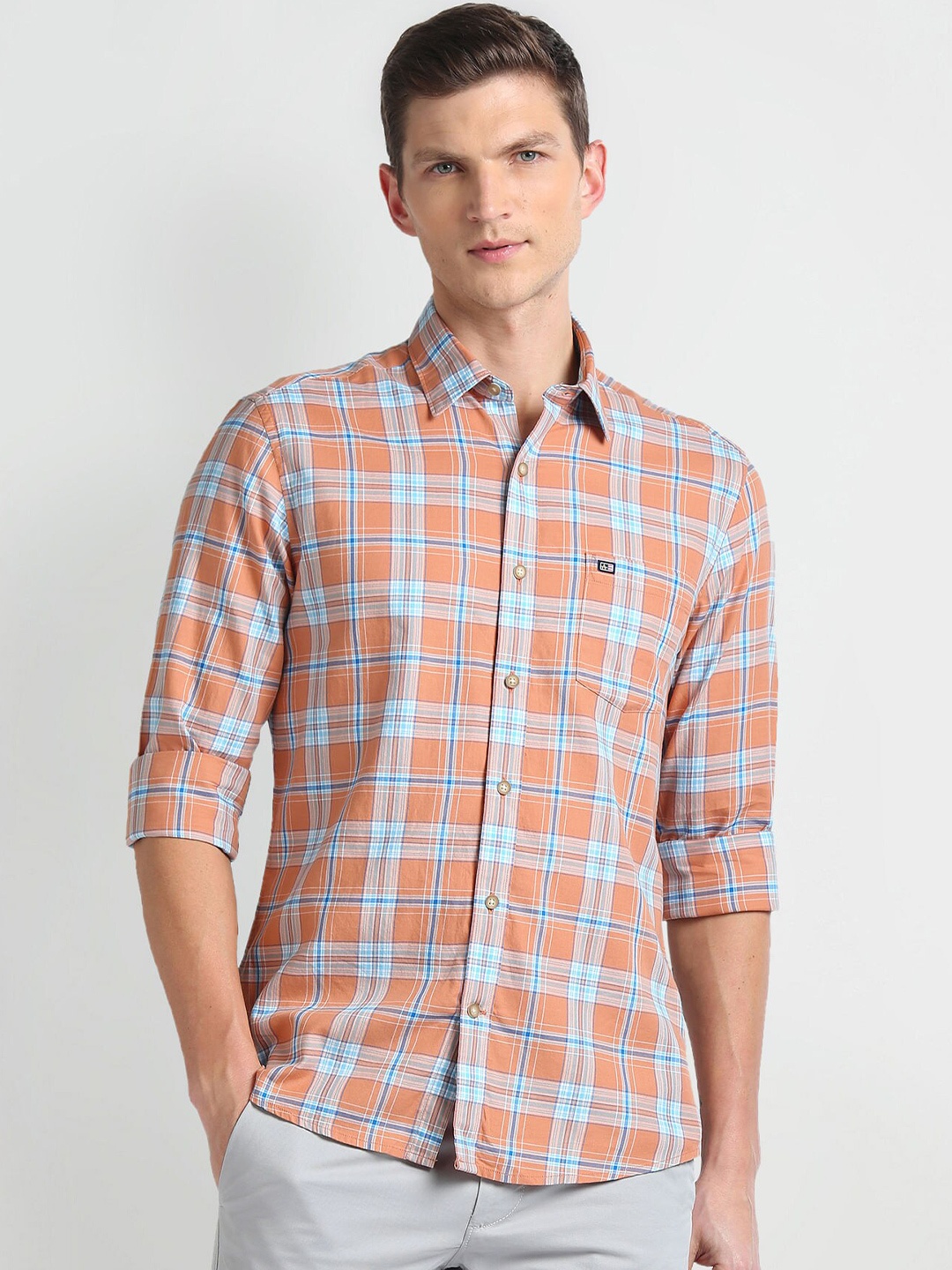 

Arrow Sport Spread Collar Slim Fit Tartan Checks Cotton Casual Shirt, Orange