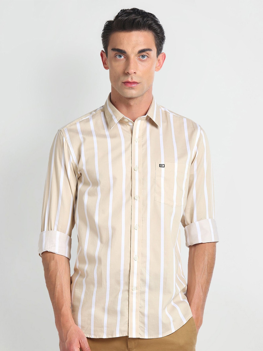 

Arrow Sport Slim Fit Striped Printed Pure Cotton Casual Shirt, Beige