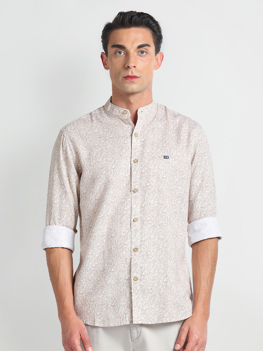 

Arrow Sport Mandarin Collar Slim Fit Floral Printed Cotton Casual Shirt, Beige