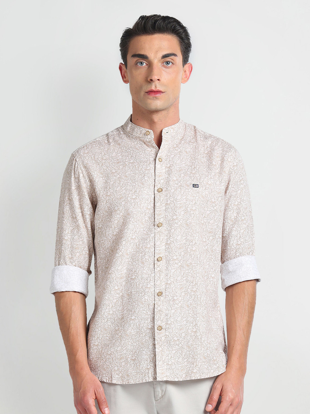 

Arrow Sport Mandarin Collar Long Sleeves Slim Fit Floral Cotton Printed Casual Shirt, Beige