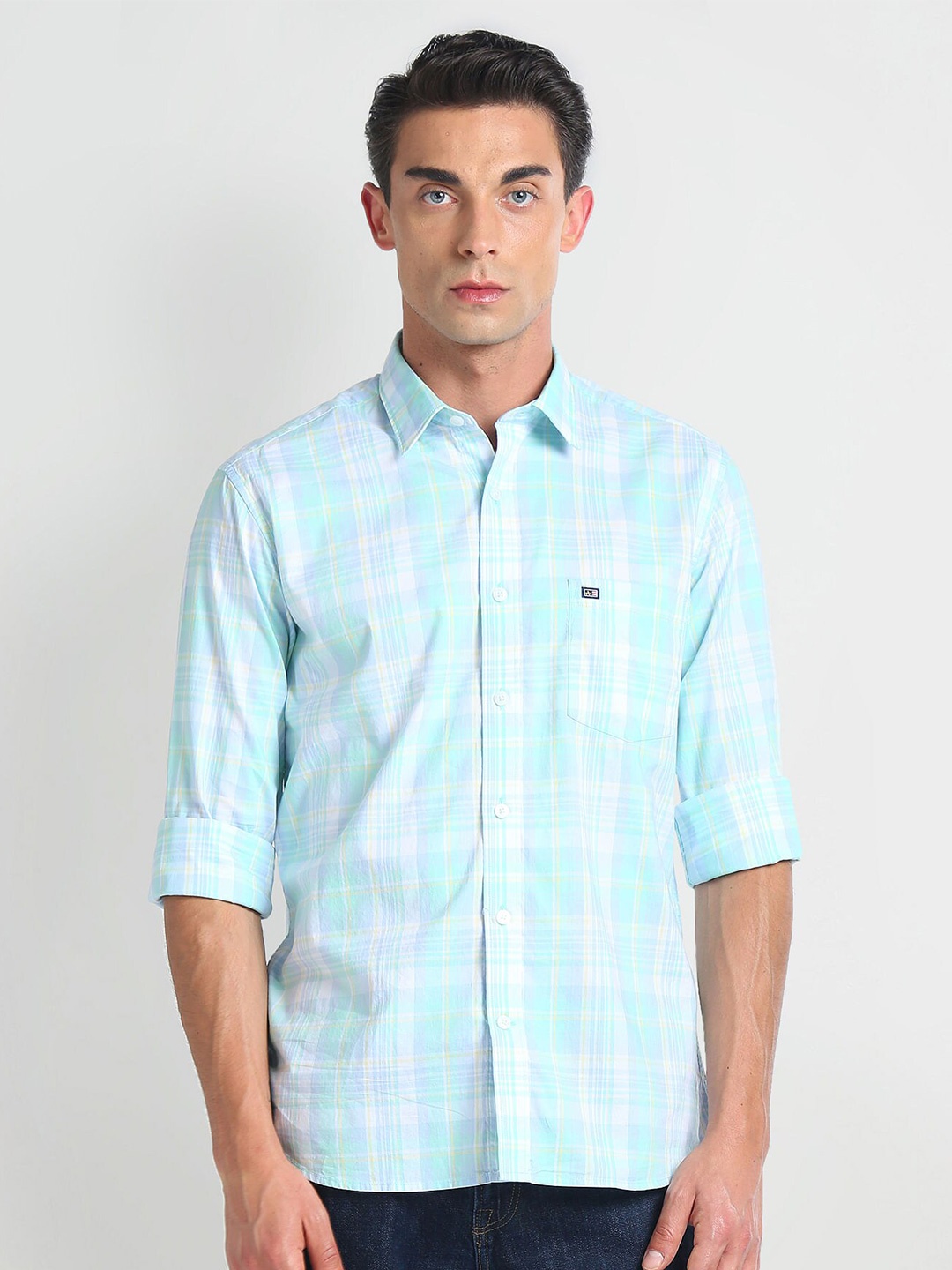 

Arrow Sport Slim Fit Plaid Checked Printed Pure Cotton Casual Shirt, Green