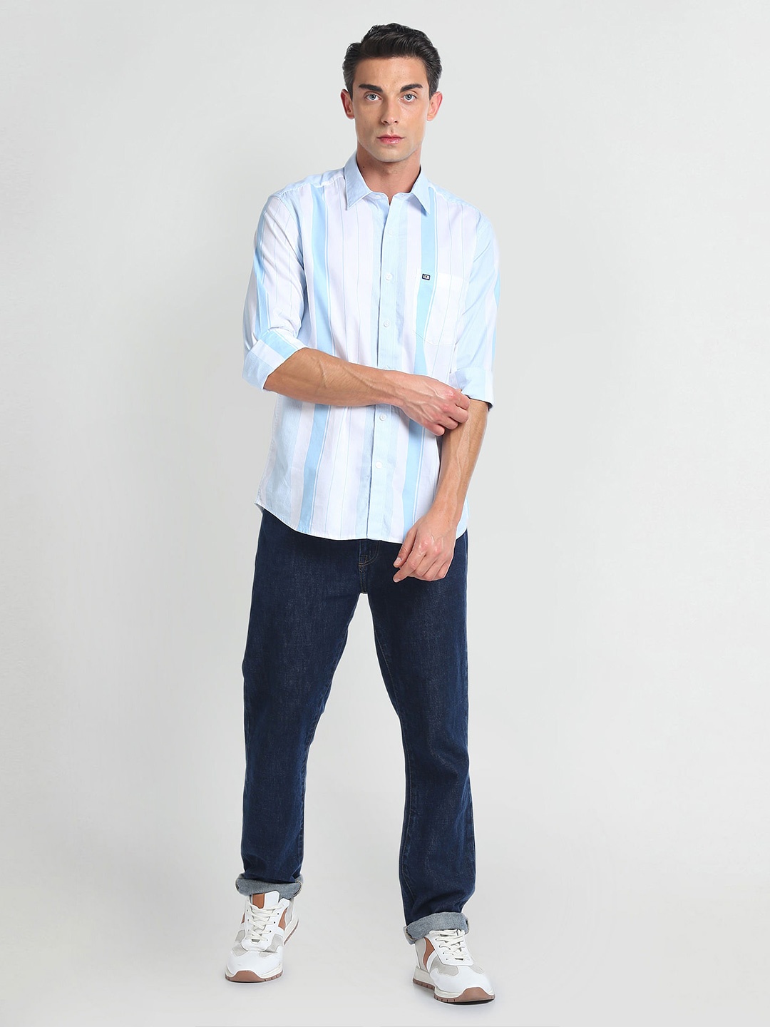 

Arrow Sport Slim Fit Striped Spread Collar Long Sleeves Cotton Casual Shirt, Blue