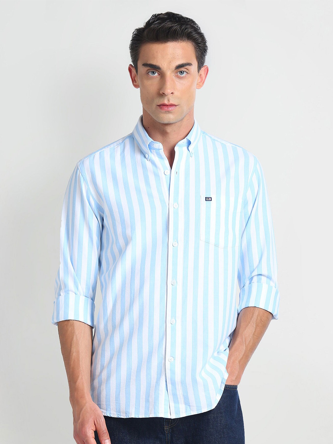 

Arrow Sport Slim Fit Long Sleeves Cotton Opaque Striped Casual Shirt, Blue