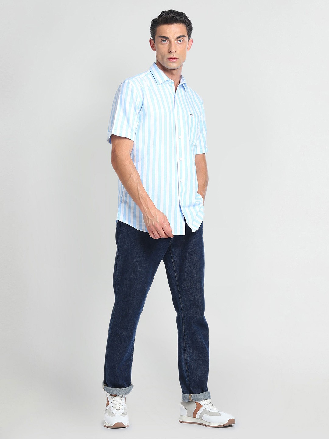 

Arrow Sport Spread Collar Short Sleeves Cotton Striped Casual Shirt, Blue