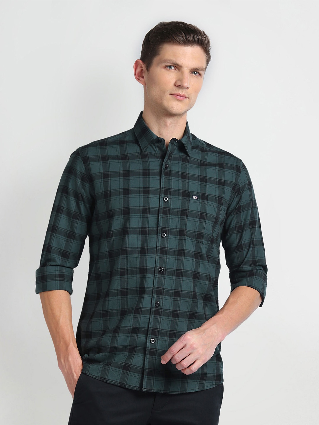 

Arrow Sport Spread Collar Long Sleeves Slim Fit Cotton Checked Casual Shirt, Green