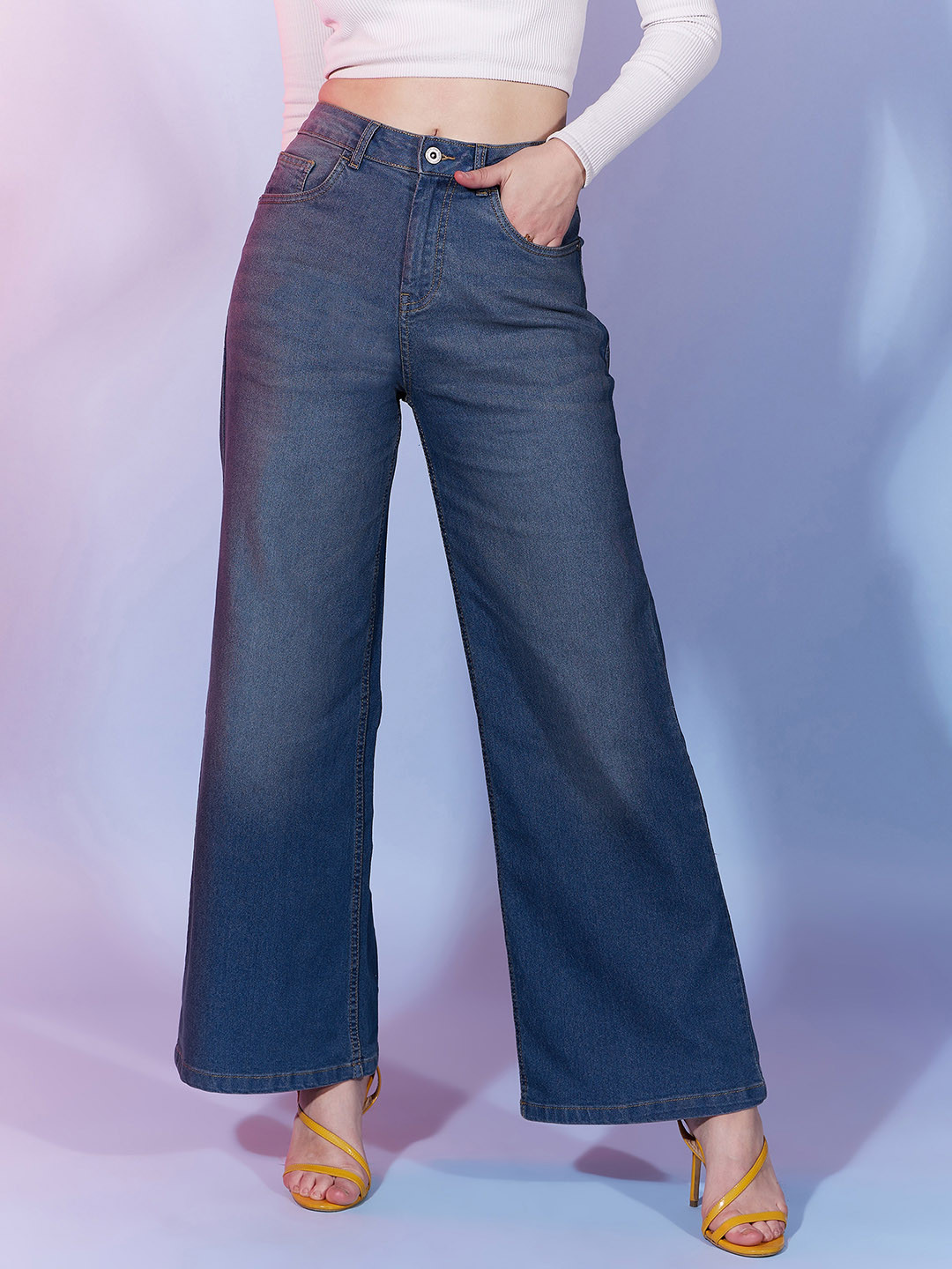 

DressBerry Women Blue Comfort Wide Leg High-Rise Clean Look Stretchable Jeans