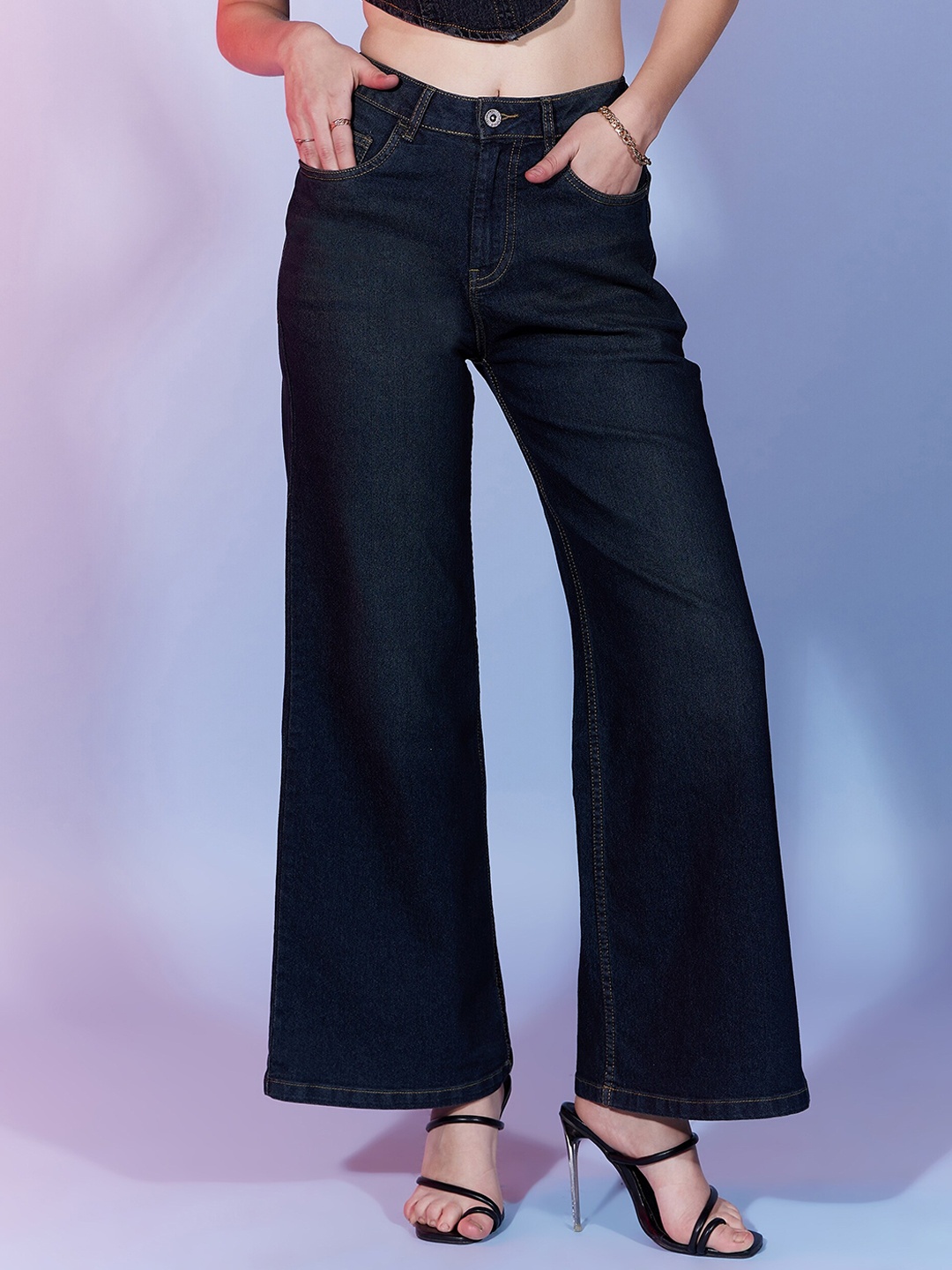 

DressBerry Women Blue Comfort Wide Leg High-Rise Stretchable Jeans