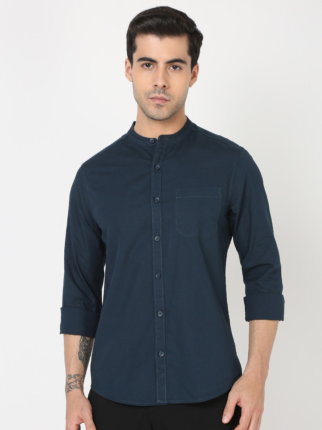 

R&B Band Collar Cotton Casual Shirt, Blue