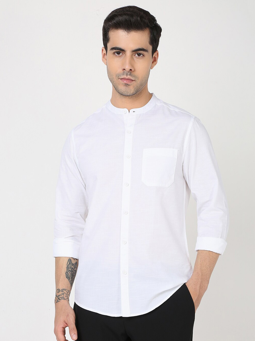 

R&B Band Collar Cotton Casual Shirt, White