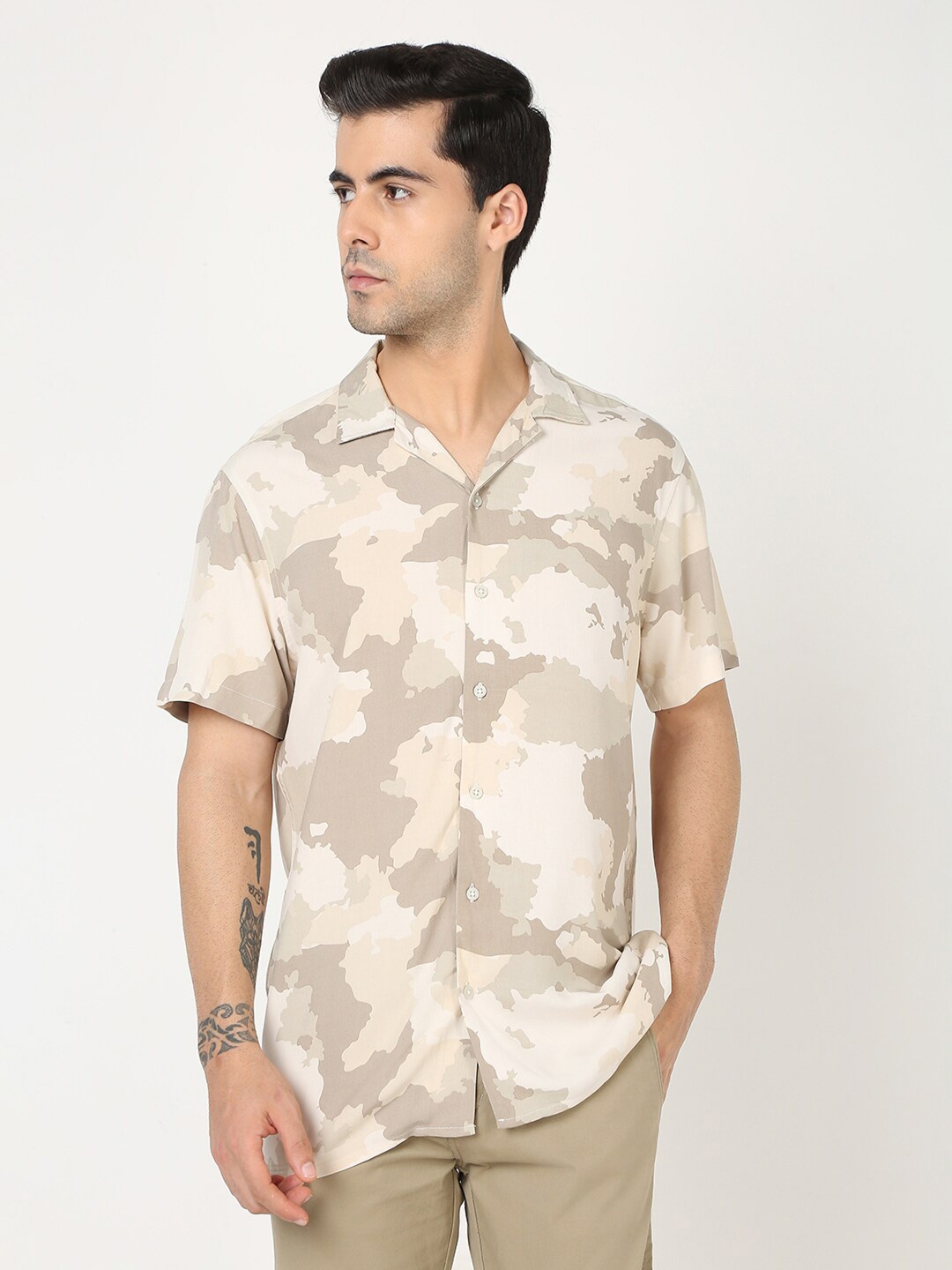 

R&B Camouflage Printed Boxy Fit Casual Shirt, Beige