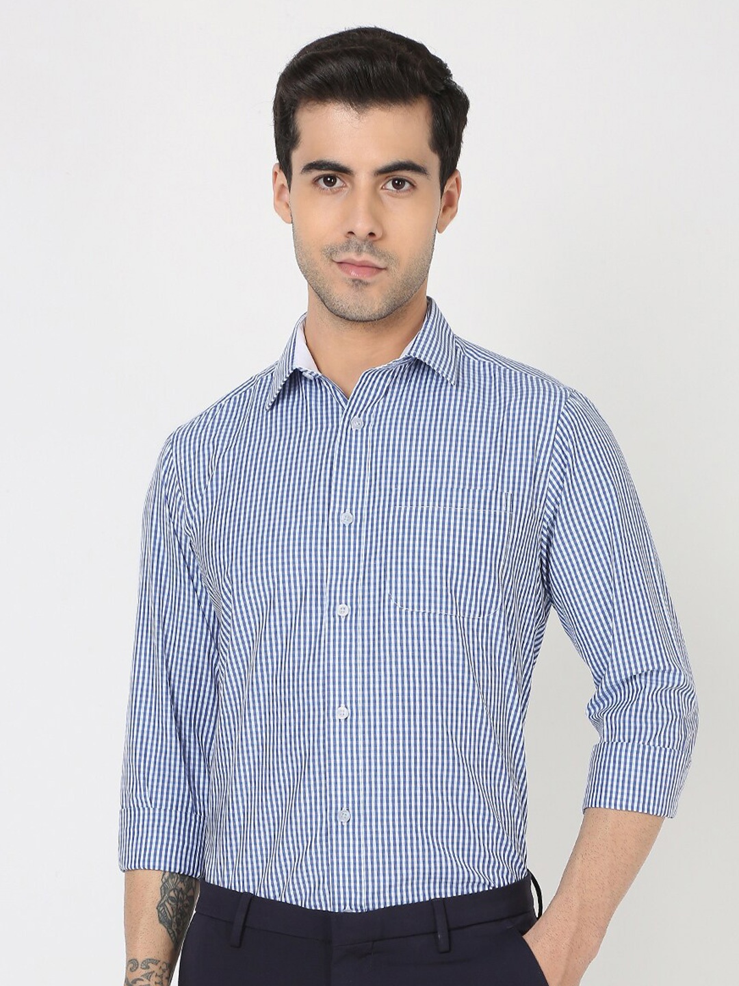 

R&B Checked Slim Fit Cotton Casual Shirt, Blue