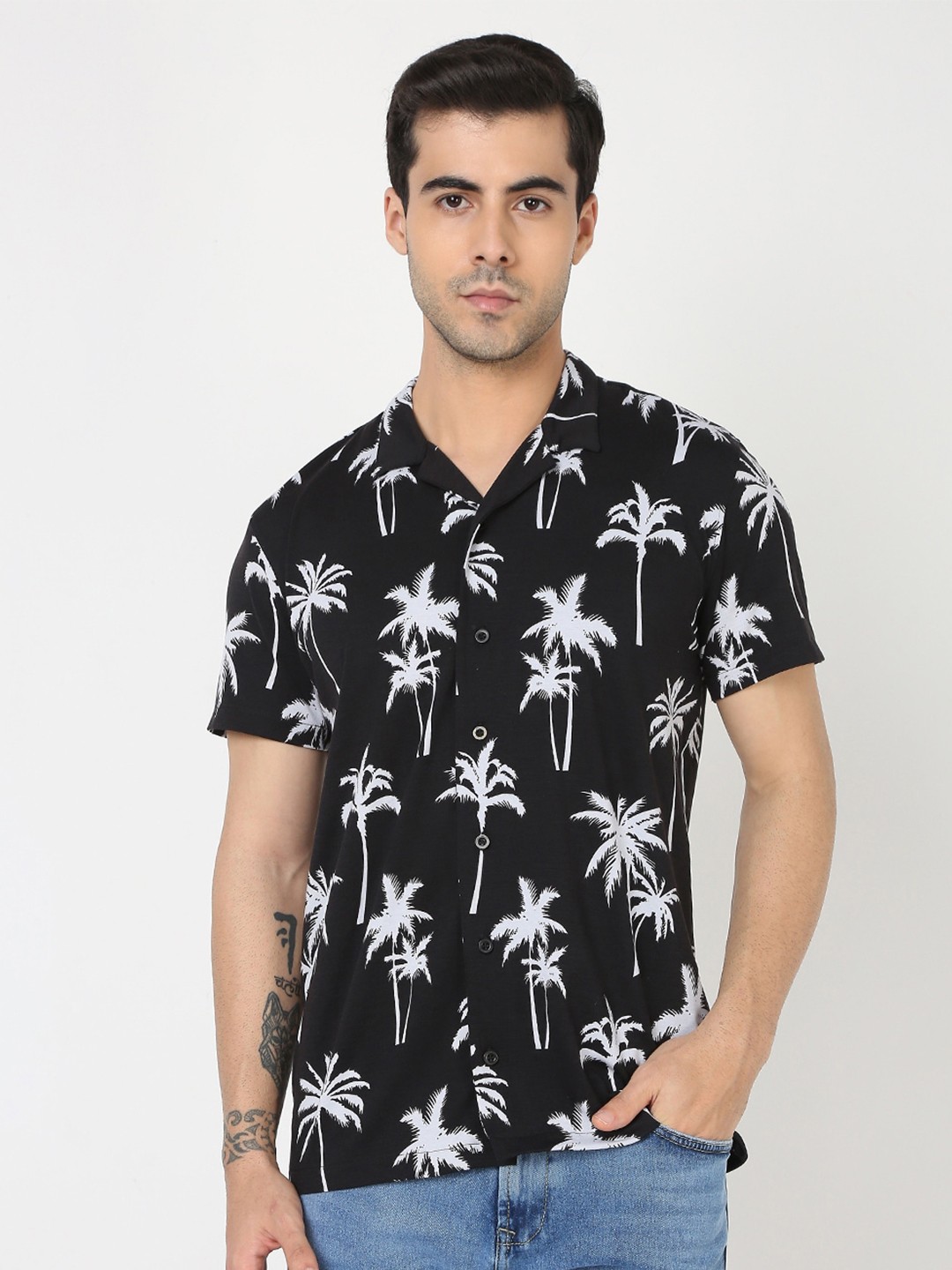 

R&B Floral Printed Cotton Casual Shirt, Black