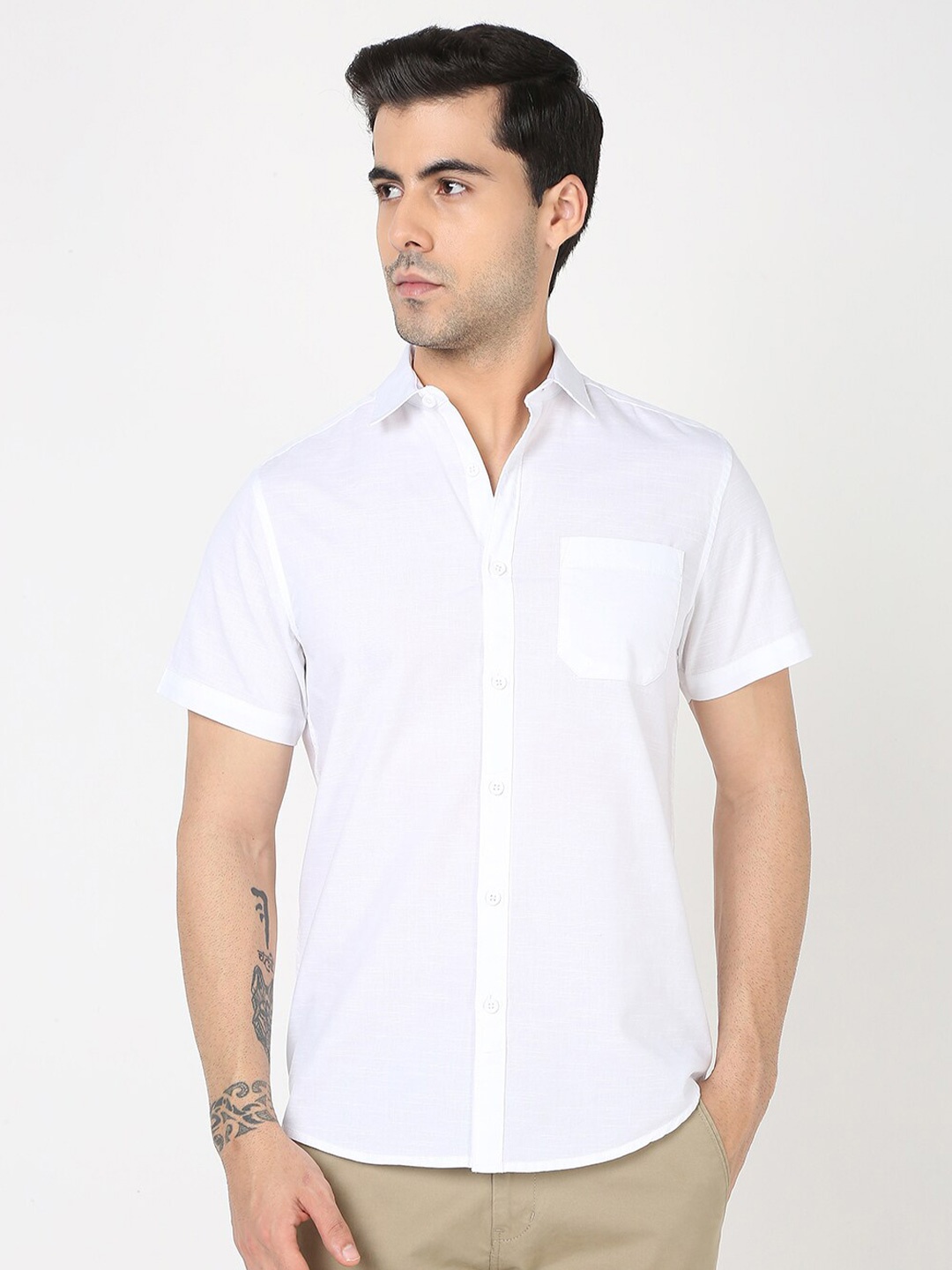 

R&B Spread Collar Cotton Casual Shirt, White