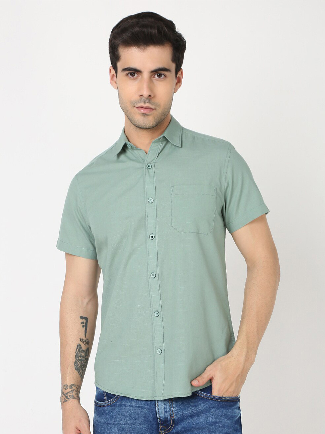 

R&B Spread Collar Cotton Casual Shirt, Green