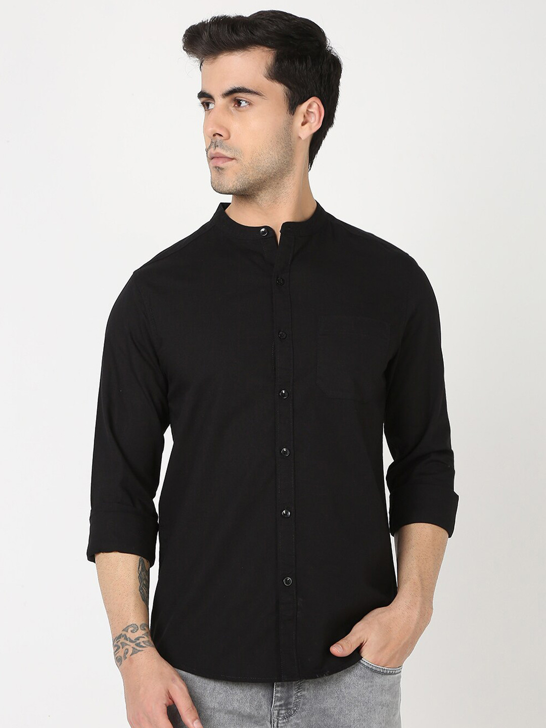 

R&B Band Collar Cotton Casual Shirt, Black