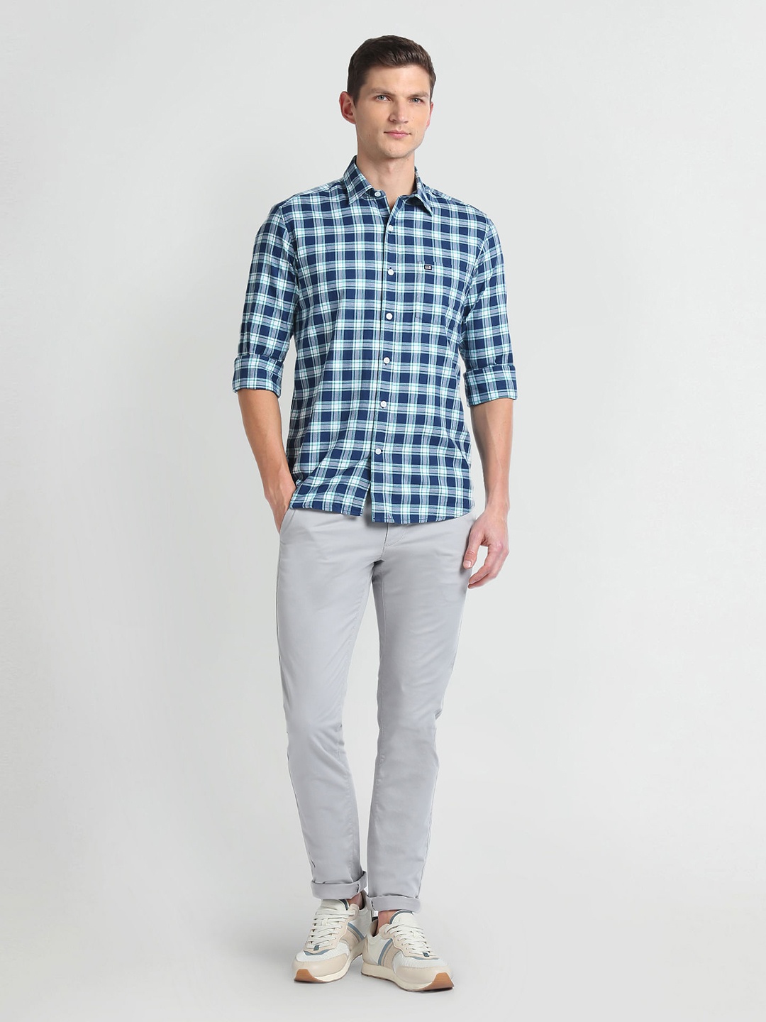 

Arrow Sport Spread Collar Long Sleeves Slim Fit Checked Casual Cotton Shirt, Blue