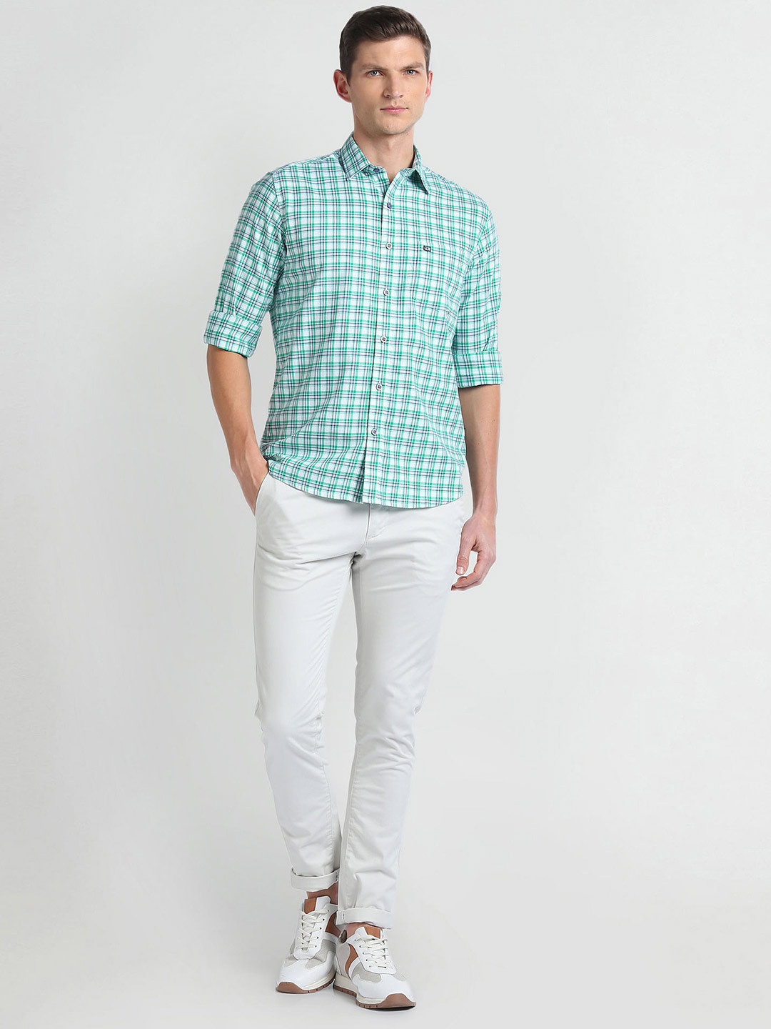 

Arrow Sport Spread Collar Long Sleeves Slim Fit Cotton Checked Casual Shirt, Green