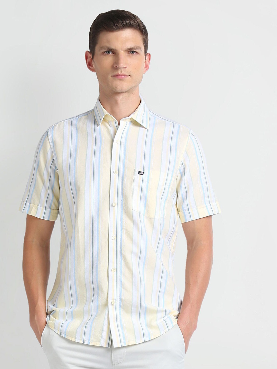 

Arrow Sport Spread Collar Short Sleeves Cotton Striped Casual Shirt, Yellow