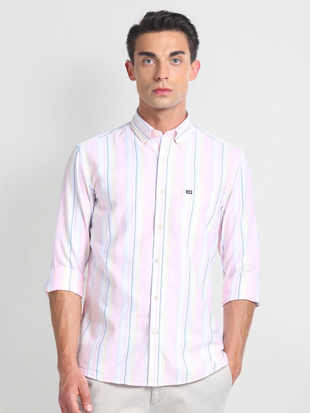 

Arrow Sport Button Down Collar Long Sleeves Slim Fit Cotton Striped Casual Shirt, Pink