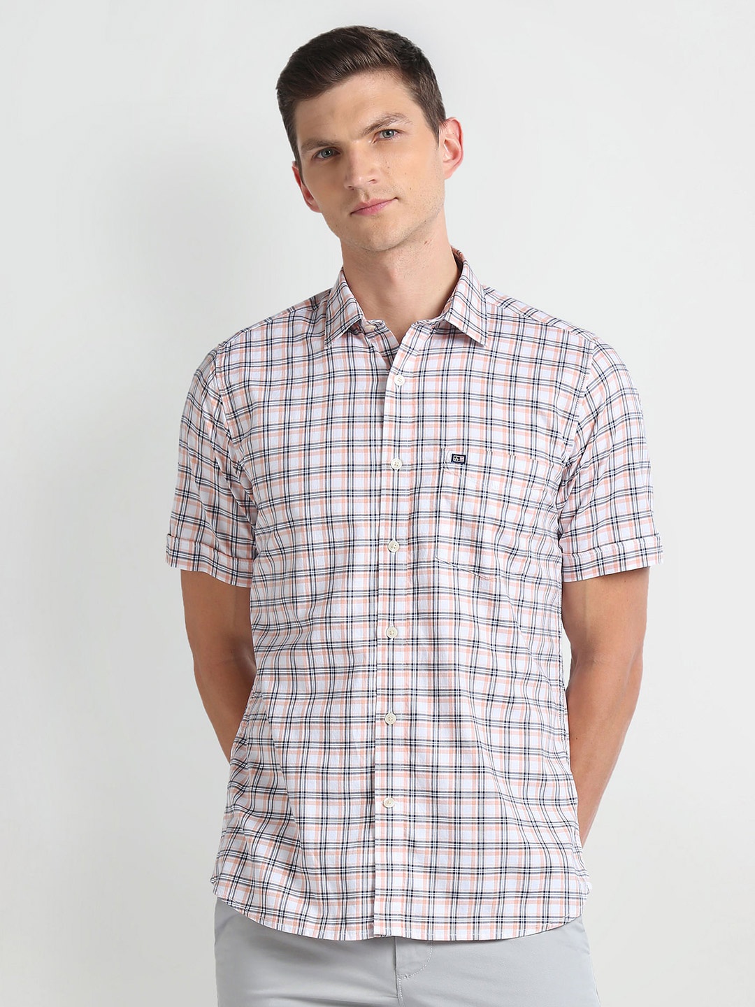 

Arrow Sport Spread Collar Short Sleeves Gingham Checks Cotton Casual Shirt, Orange