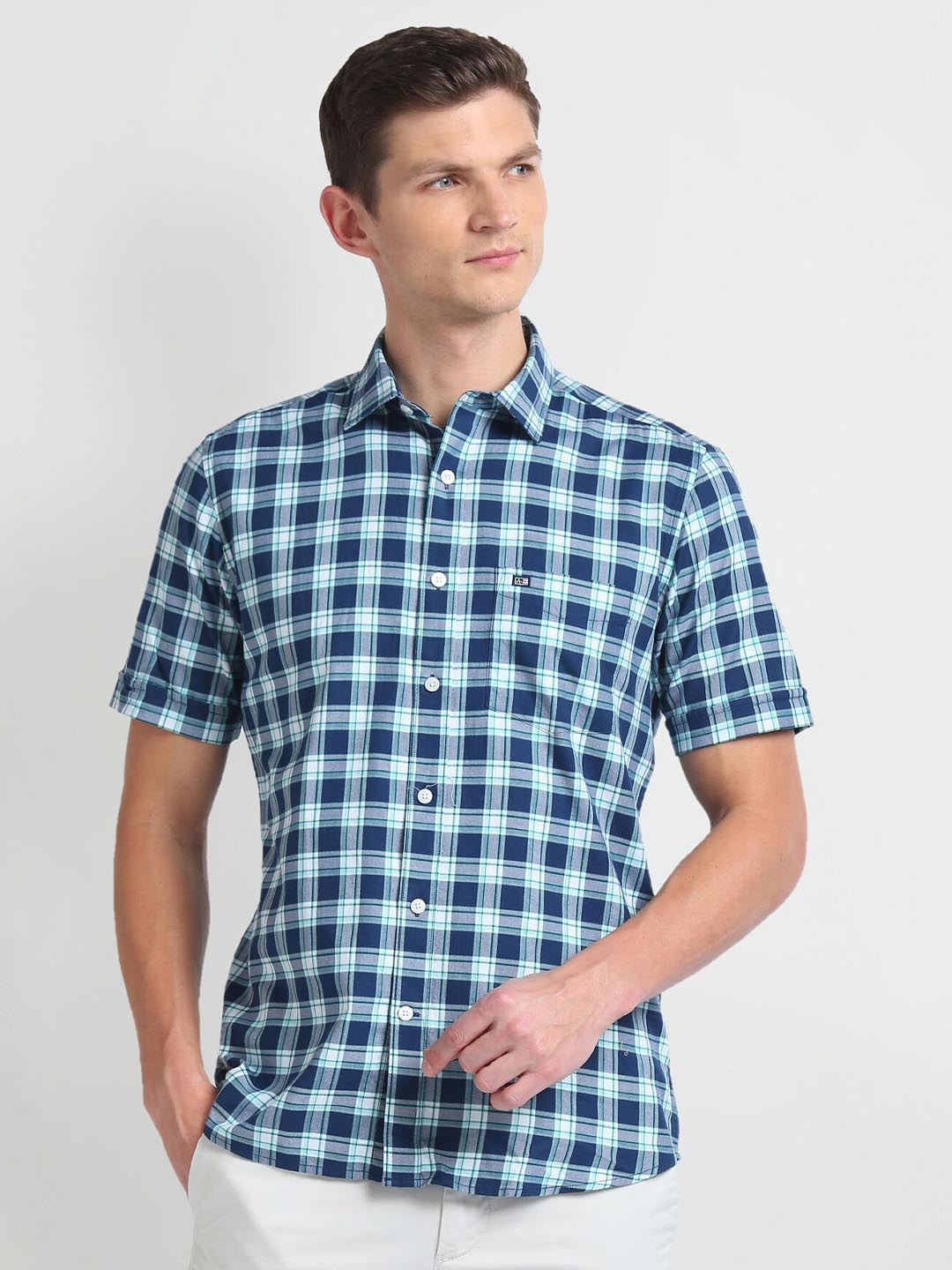 

Arrow Sport Spread Collar Short Sleeves Cotton Checked Casual Shirt, Blue