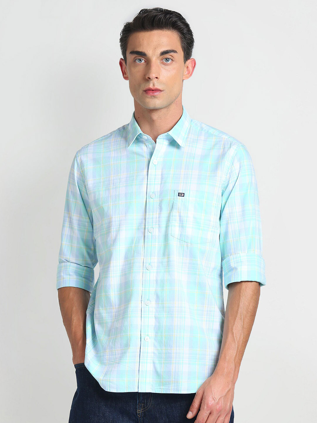 

Arrow Sport Spread Collar Long Sleeves Slim Fit Cotton Checked Casual Shirt, Green