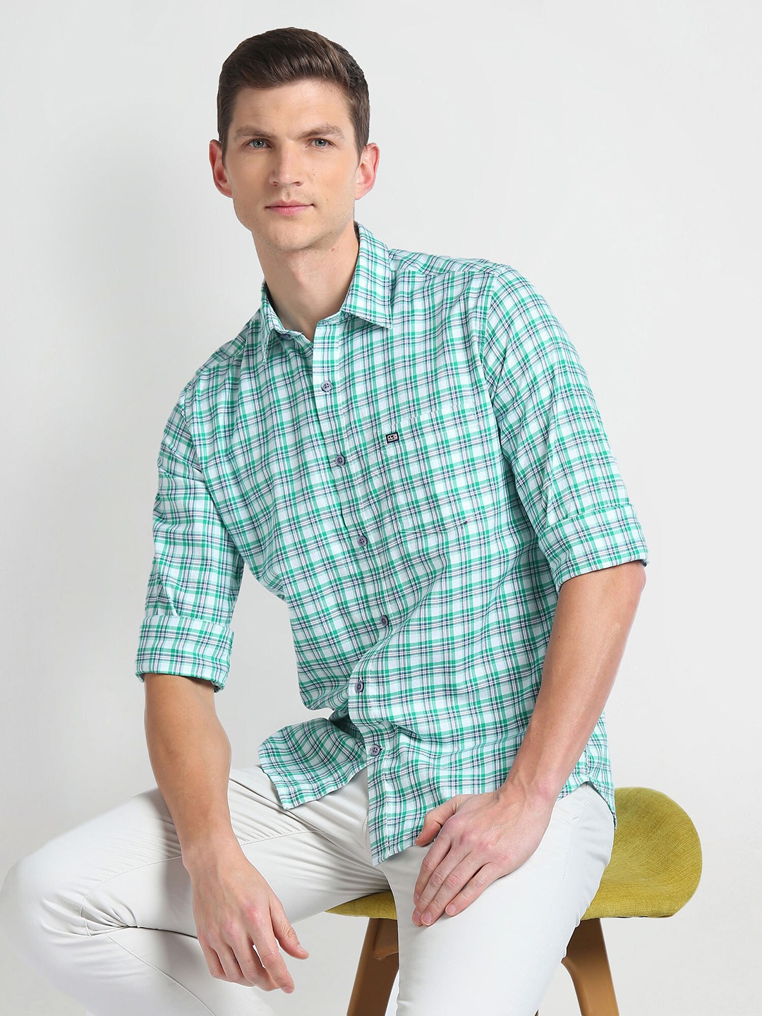 

Arrow Sport Spread Collar Long Sleeves Slim Fit Cotton Striped Casual Shirt, Green