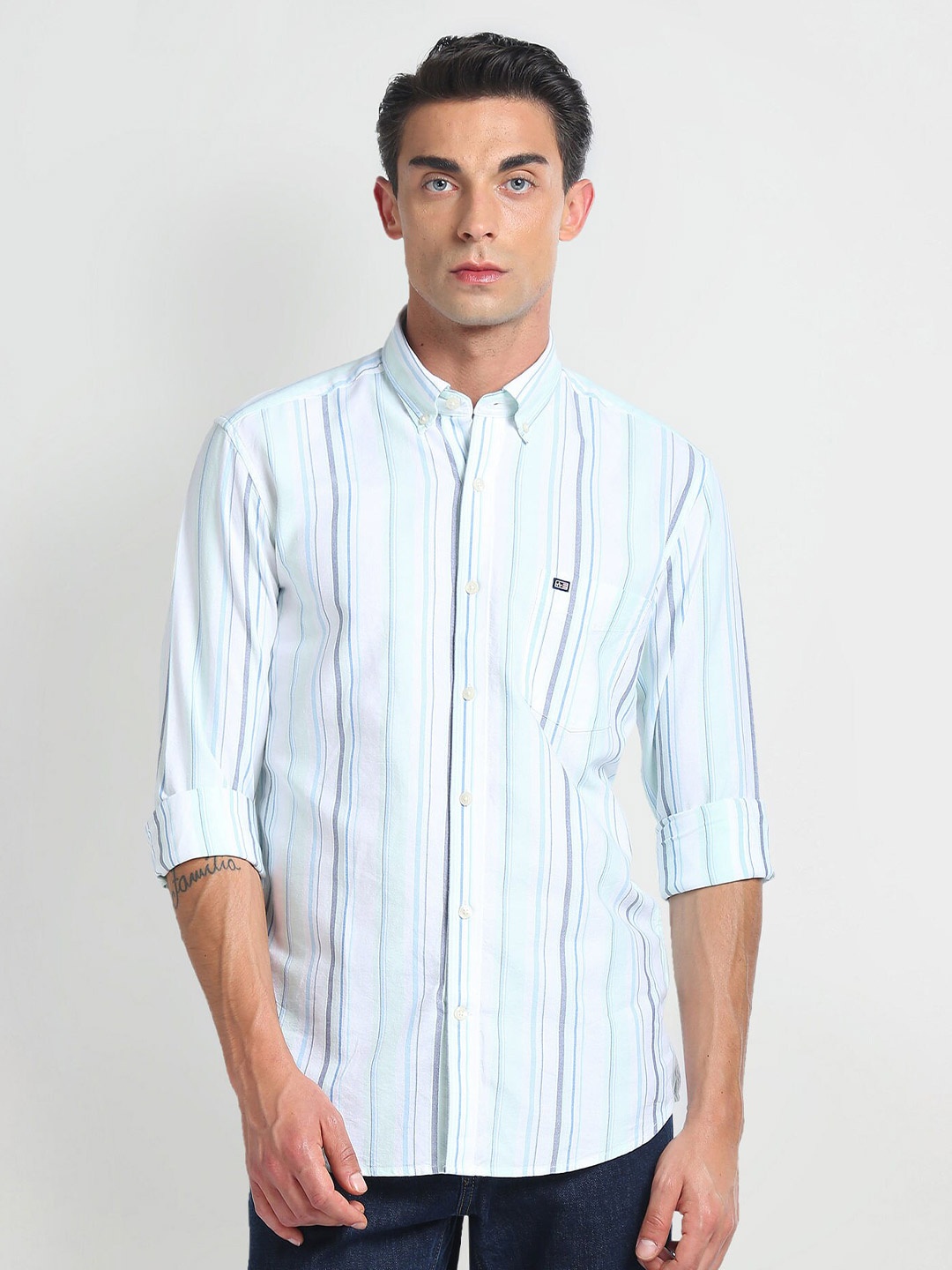 

Arrow Sport Spread Collar Long Sleeves Slim Fit Cotton Striped Casual Shirt, Green