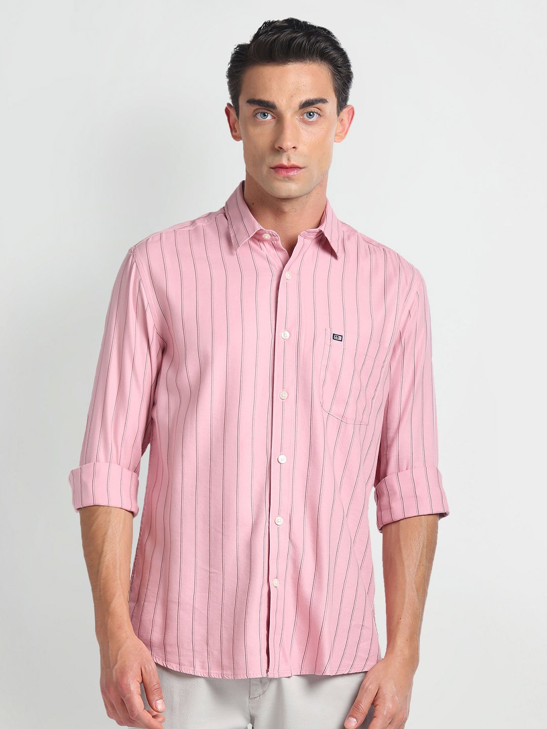 

Arrow Sport Spread Collar Long Sleeves Slim Fit Striped Casual Shirt, Pink