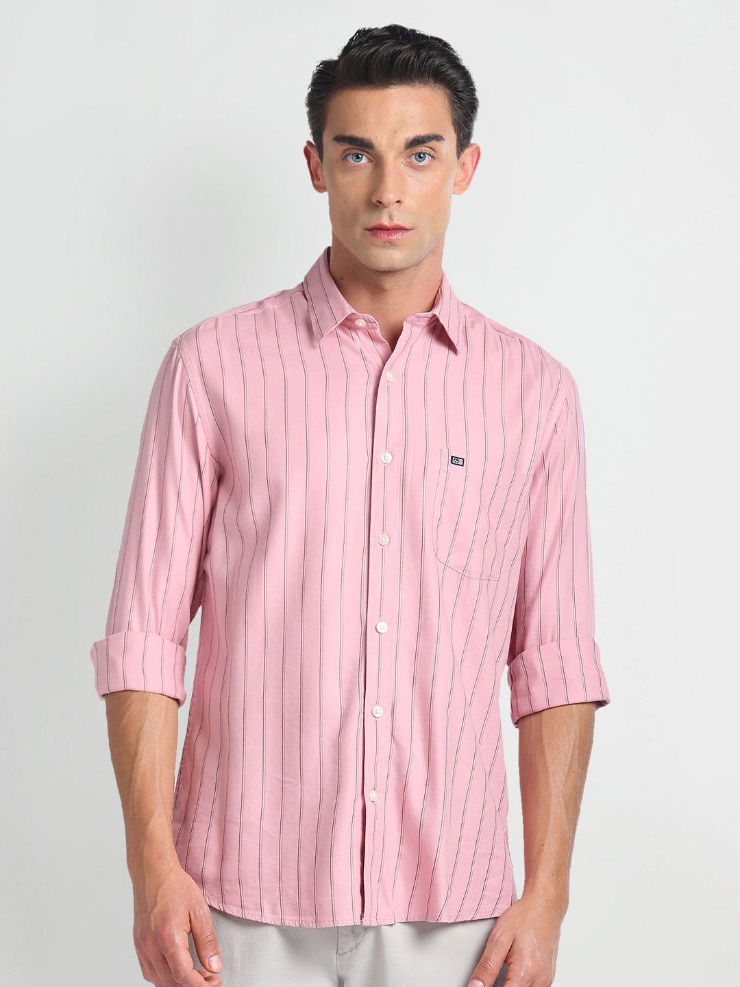 

Arrow Sport Spread Collar Long Sleeves Slim Fit Cotton Striped Casual Shirt, Pink