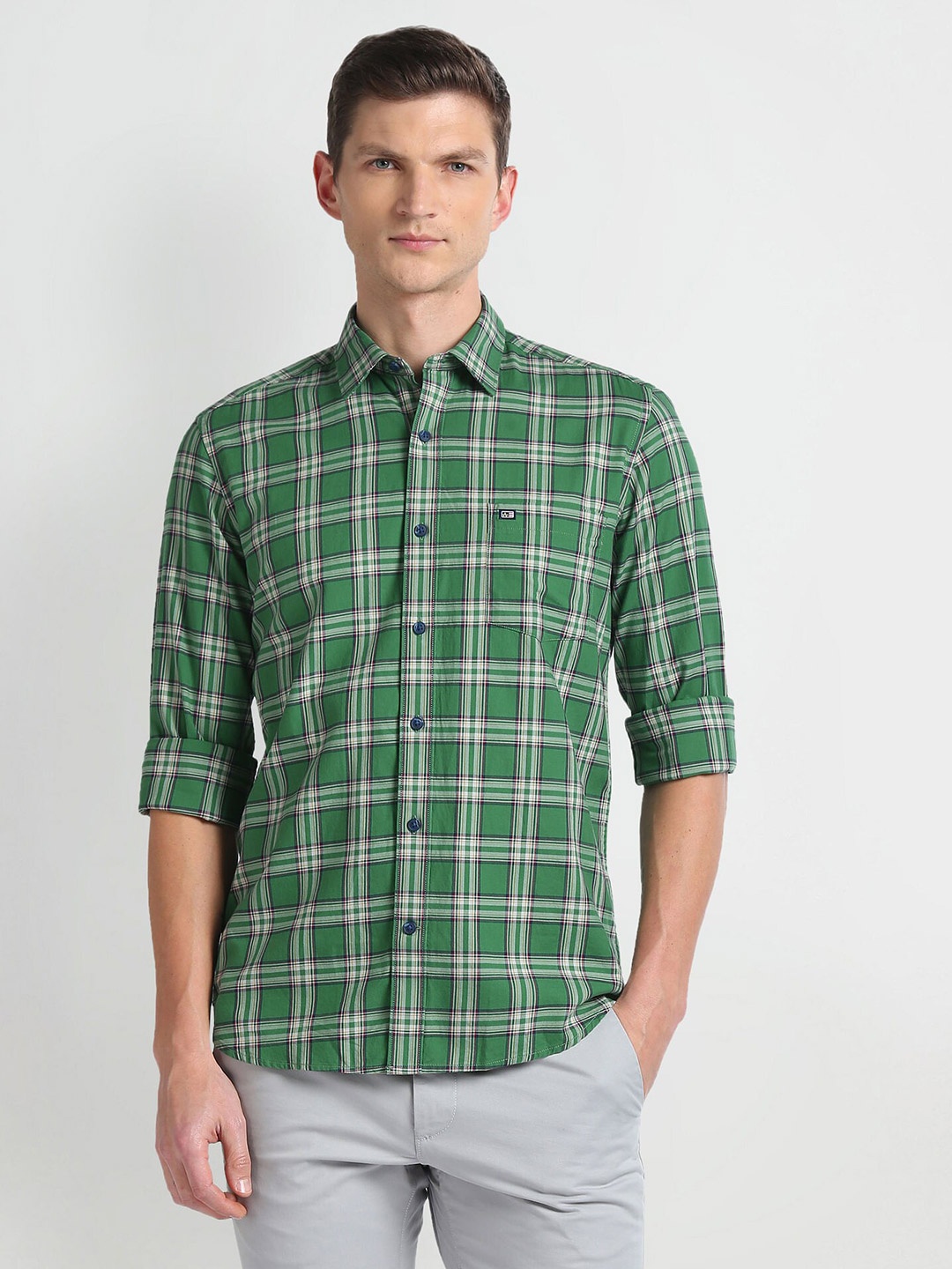 

Arrow Sport Spread Collar Long Sleeves Slim Fit Cotton Tartan Checks Casual Shirt, Green