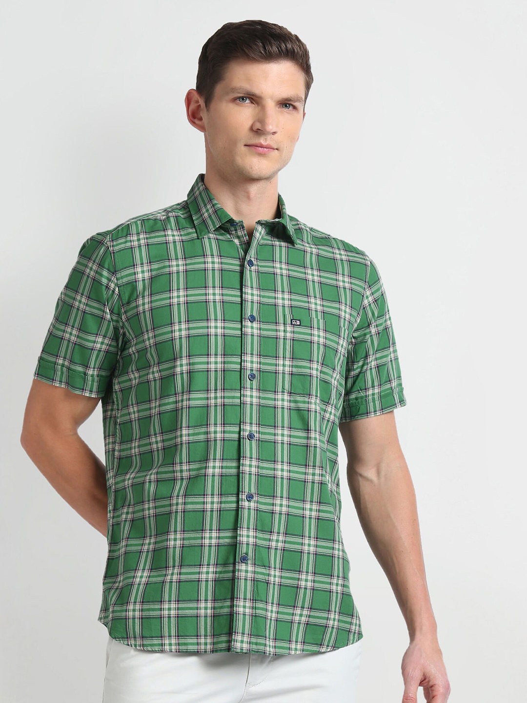 

Arrow Sport Spread Collar Short Sleeves Tartan Checks Cotton Casual Shirt, Green