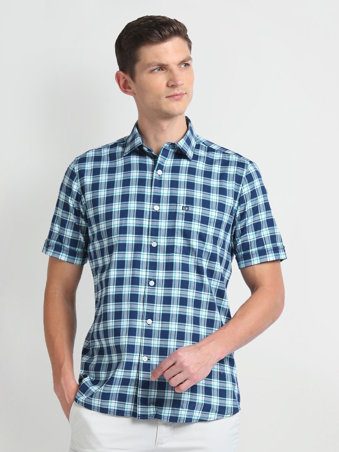 

Arrow Sport Spread Collar Short Sleeves Cotton Checked Casual Shirt, Blue