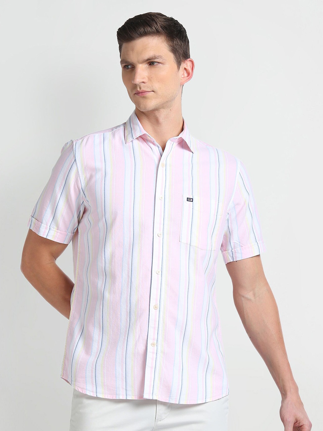 

Arrow Sport Spread Collar Short Sleeves Striped Casual Cotton Shirt, Pink