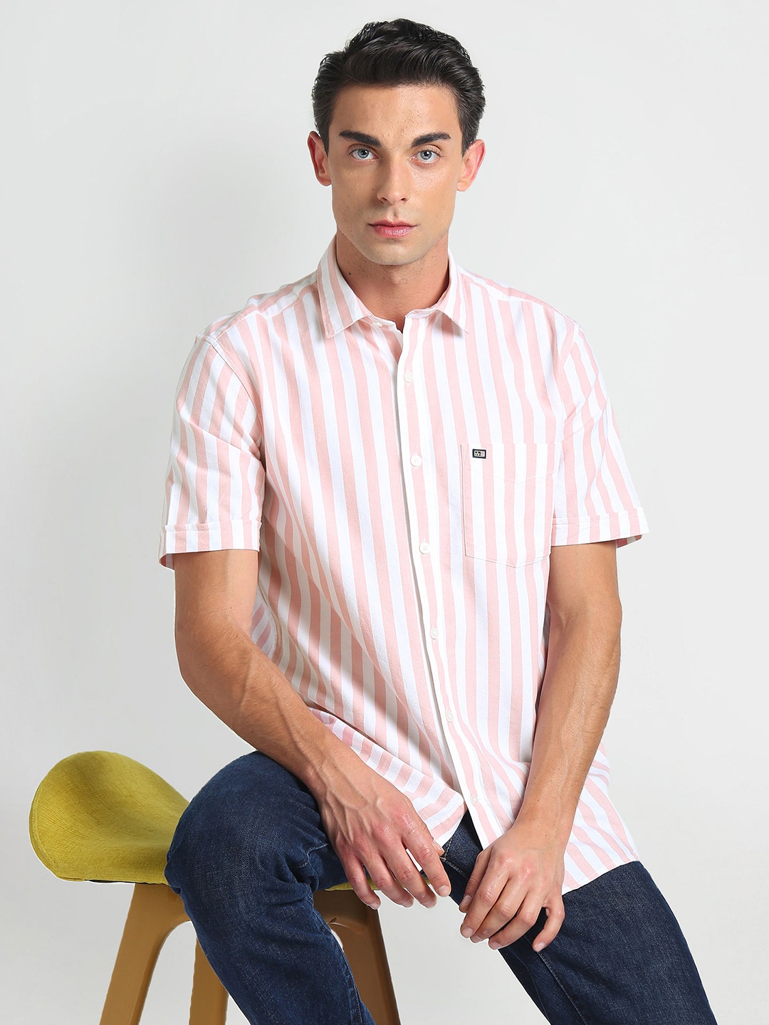 

Arrow Sport Spread Collar Short Sleeves Striped Casual Cotton Shirt, Pink