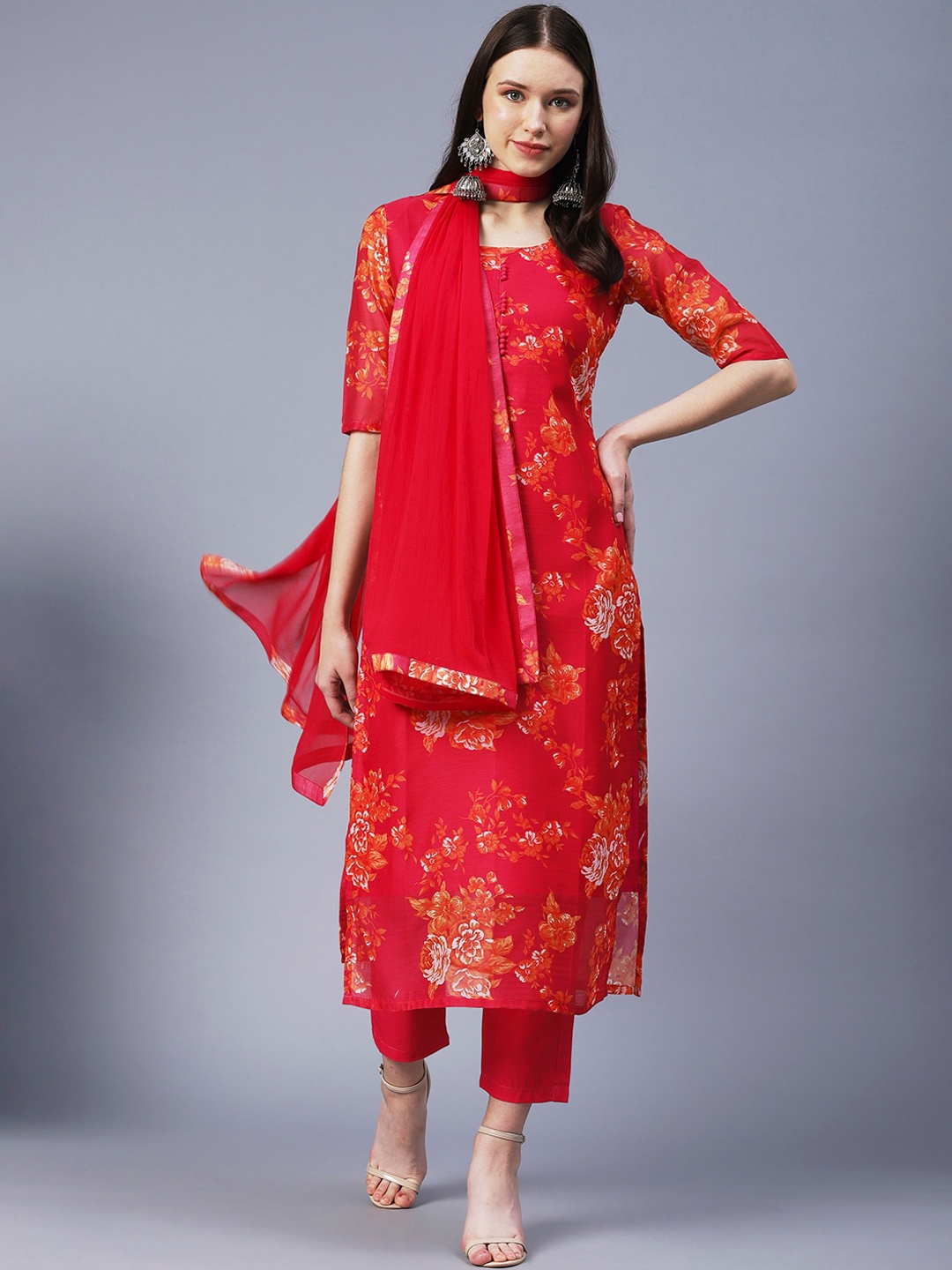 

KALINI Floral Printed Straight Kurta & Trousers With Dupatta, Orange